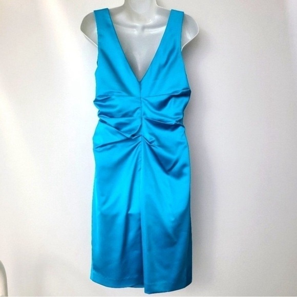 David’s Bridal Malibu Blue Satin Ruched Draped Neck Dress Size 8 - Picture 4 of 11